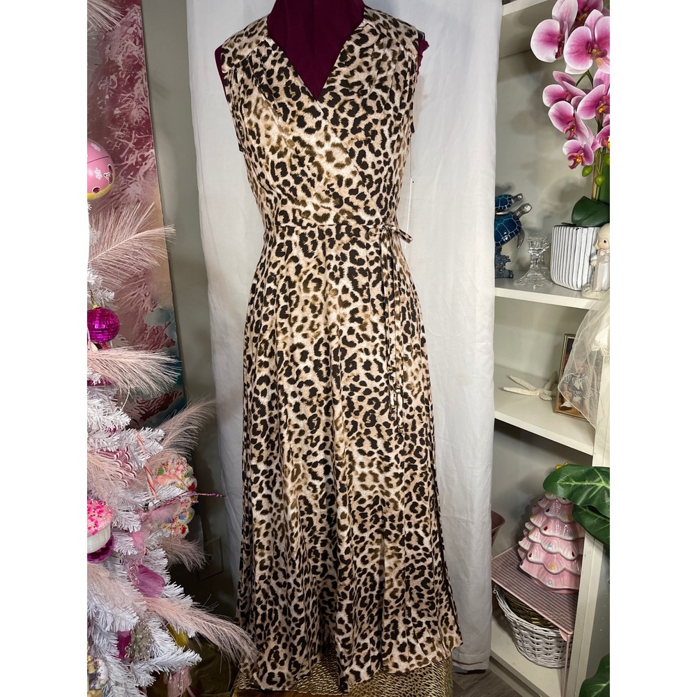 Calvin Klein Maxi Dress Women 2 Brown NWT Leopard Print Faux Wrap V-Neck